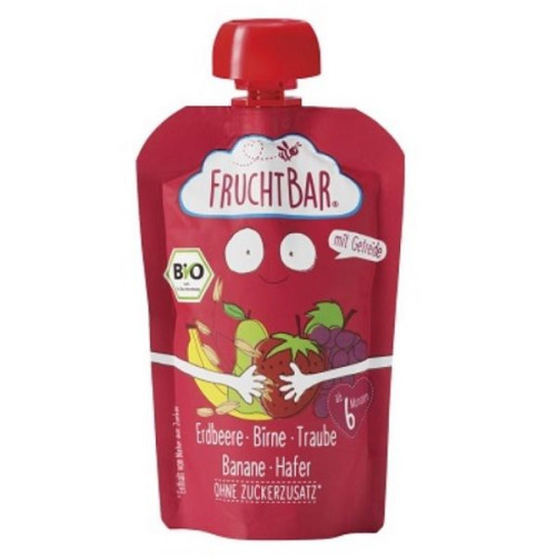 Fruchtbar Organic Strawberry Pear Grape Banana and Oat Puree for Children 6+ Months 3.53 oz (100 g)