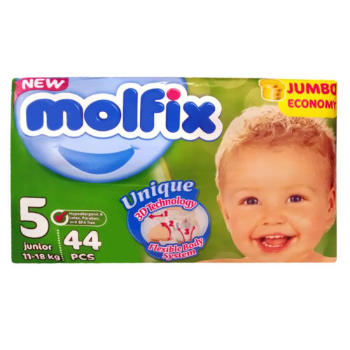 Molfix 5 Junior 3D Technology Jumbo Economy Diapers for Babies and Children 24.3-39.7 lb (11-18 kg) 44 pcs