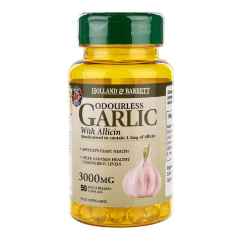 Holland and Barrett Garlic Allicin for Antibacterial and Antifungal Action (odorless) 3000 mg 50 Capsules