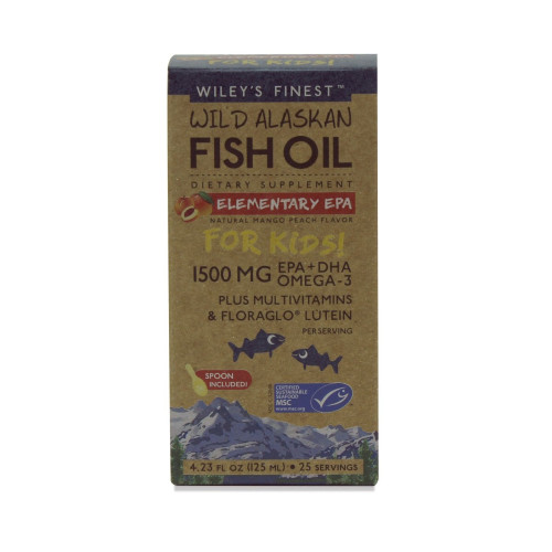 Wiley’s Finest Wild Alaskan Fish Oil Elementary Epa Fish Oil Omega-3 and Vitamins for Children Over 3+ Mango and Peach 4.23 fl oz (125 ml)