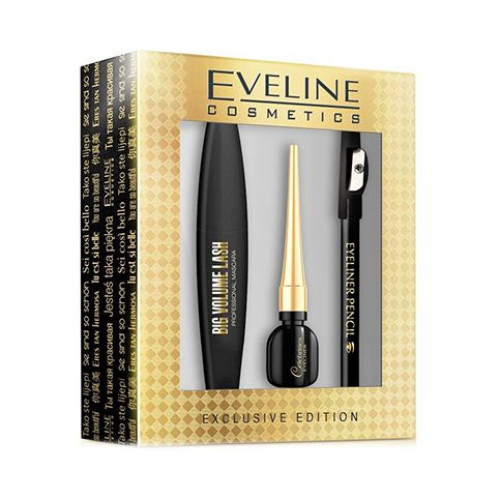 Eveline Promo Set Big Volume Lash Mascara for Volume Celebrities Eyeliner and Black Eye Pencil