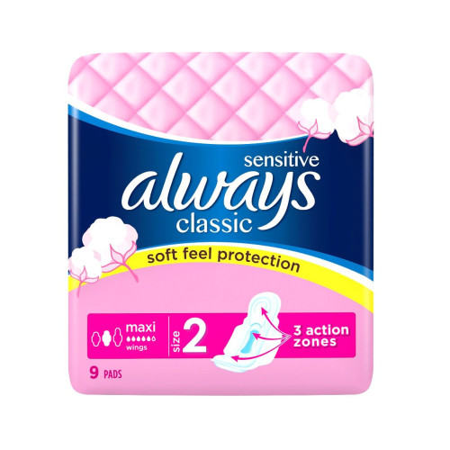 Always Classic Sensitive Maxi Daily Sanitary Pads with Wings for Sensitive Skin 9 pcs