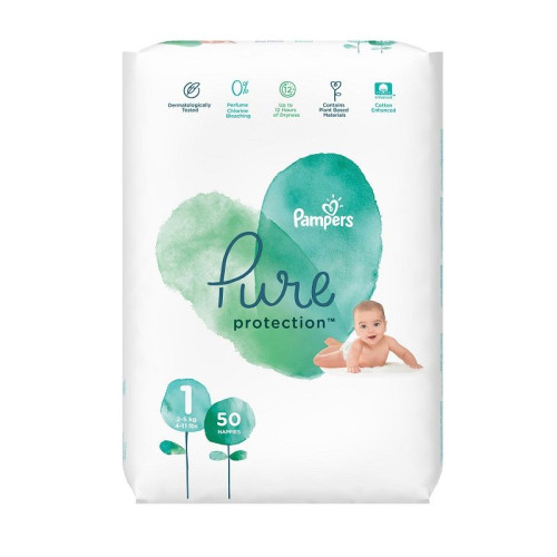 Pampers Pure Protection 1 Newborn Diapers for Children 4.4-11 lb (2-5 kg) 50 pcs