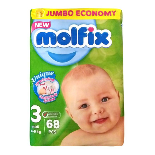 Molfix 3 Midi 3D Technology Jumbo Economy Diapers for Babies and Children 8.8-19.8 lb (4-9 kg) 68 pcs