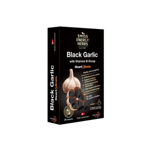 Swiss Energy Black Garlic and Vitamin B Complex for Optimal Health and Tone 20 Capsules
