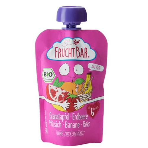 Fruchtbar Organic Pomegranate Strawberry Peach Banana and Rice Puree for Children 6+ Months 3.53 oz (100 g) - 3410