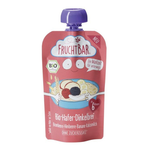 Fruchtbar Organic Puree Blackberry Raspberry Banana Coconut Milk Oats and Spelt for Children 6+ Months 4.23 oz (120 g)