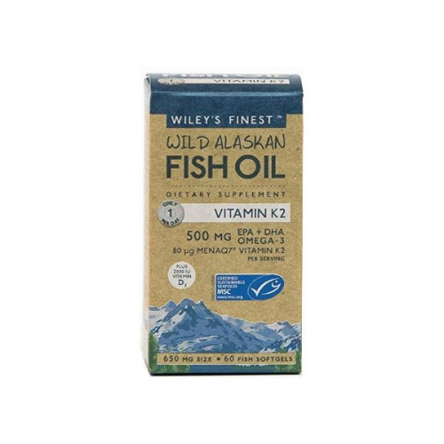 Wiley’s Finest Wild Alaskan Fish Oil Vitamin K2 Omega-3 Fish Oil with Vitamins K2 and D3 for Healthy Bones 60 Capsules