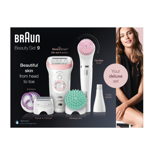 Braun Beauty Set 9 Epilator Set 9985 with 2 Speeds + Cleaning and Exfoliation Brush 1 pc