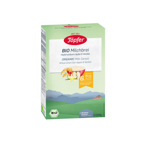 Topfer Organic Milk Porridge with Whole Grain Oats Apple and Vanilla for Babies 6+ Months 7.05 oz (200 g)