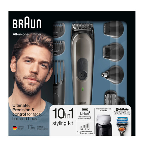 Braun MGK7021 10-in-1 Promo Set Facial Hair and Body Trimmer + Gillette Flexball Men's Razor