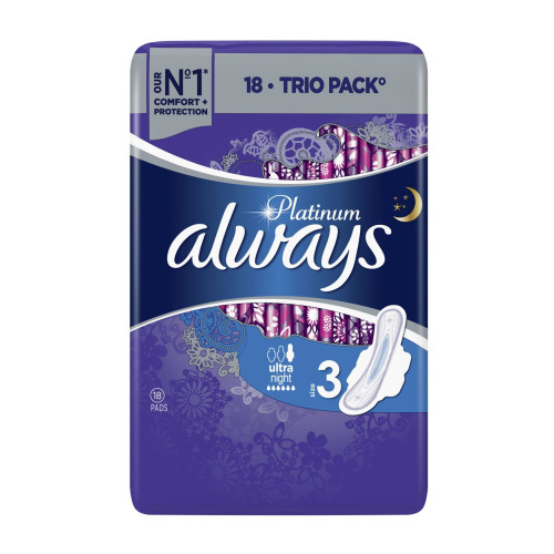 Always Platinum Ultra Night+ Trio Cotton Nighttime Sanitary Pads with Wings 18 pcs