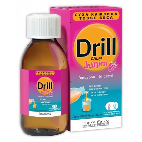 Pierre Fabre Drill Calm Junior Syrup with Glycerol for Sore Throat and Cough Strawberry Flavor 6.76 fl oz (200 ml)