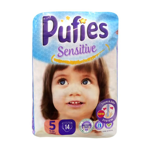 Pufies Sensitive Diapers 5 Junior XXL for Babies and Children 24.3-44.1 lb (11-20 kg) 14 pcs