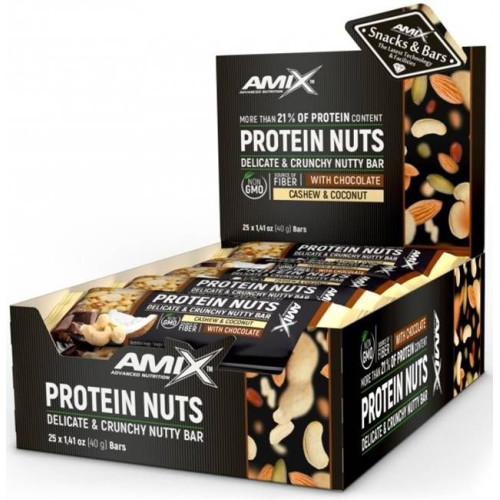 Amix Protein Nuts Crunchy Nutty Bar Box Coconut and Cashew 25 x 1.41 oz (40 g)