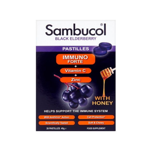 Sambucol Black Elderberry Immuno Forte + Vitamin C + Zinc with Honey Lozenges for High Immunity 20 pcs