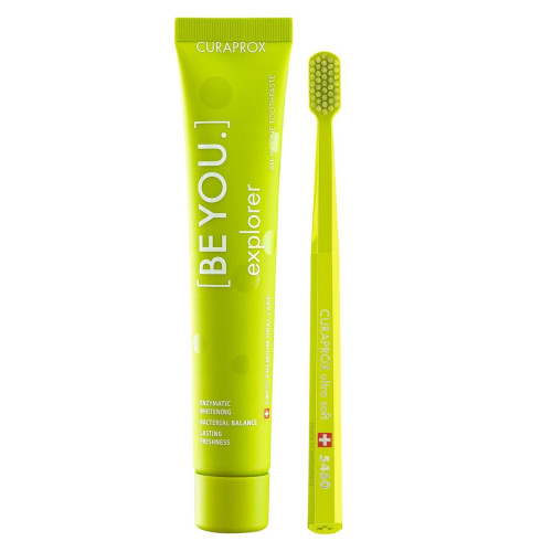 Curaprox Explorer Promo Set Toothbrush and Whitening Toothpaste with Apple and Aloe Flavor