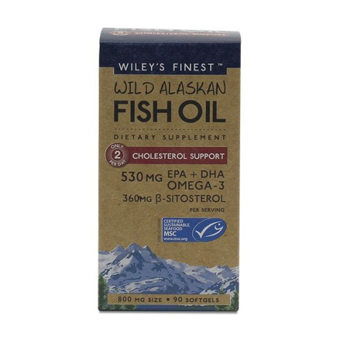 Wiley’s Finest Wild Alaskan Fish Oil Cholesterol Support Omega-3 Fish Oil for Balanced Cholesterol Levels 800 mg 90 Capsules