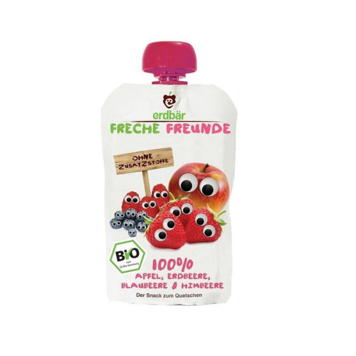Freche Freunde Organic Fruit Snack - Apple Strawberry Blueberry Raspberry for Children 12+ Months 3.53 oz (100 g)