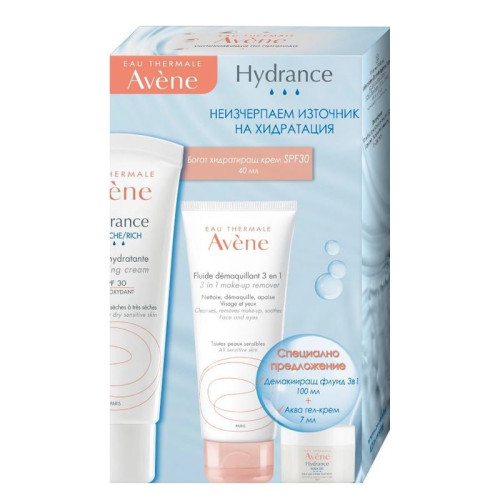 Avene Hydrance Promo Set Rich Hydrating Cream SPF 30 Makeup Remover Fluid and Aqua Gel-Cream