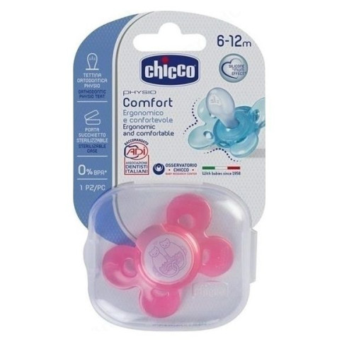 Chicco Physio Comfort 0% Bpa Silicone Pacifier with Case for Babies 6-12 Months Pink 1 pc