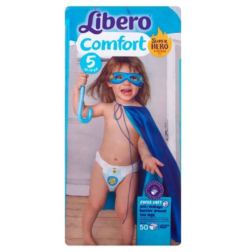 Libero Comfort 5 Maxi Super Hero Edition Diapers for Babies and Children 22-30.9 lb (10-14 kg) 50 pcs