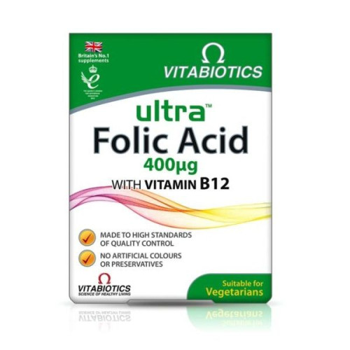 Vitabiotics Ultra Folic Acid for Pregnant Women with Vitamin B12 for Stress and Fatigue 400 mg 60 Tablets