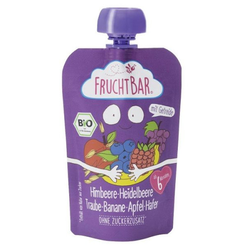 Fruchtbar Organic Puree Raspberry Blueberry Grape Banana Apple and Oats for Children 6+ Months 3.53 oz (100 g) - 3859