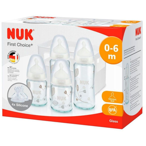 Nuk First Choice+ Set of Glass Bottles with Soft Silicone Teats + Basket for Your Babies