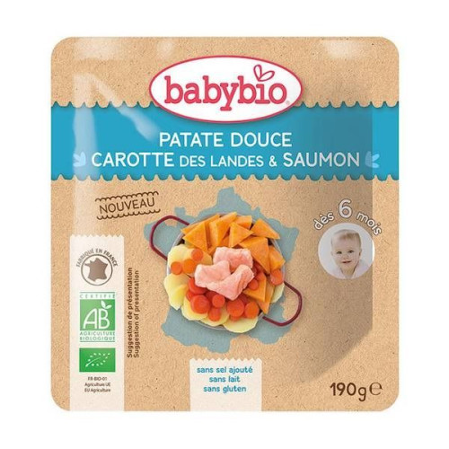 Babybio Organic Menu with Sweet Potato Carrot and Salmon for Children 6+ Months 6.7 oz (190 g)