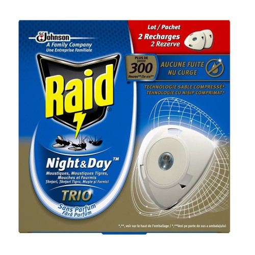 Raid Night and Day Trio Refill for Electric Vaporizer Against Flies Mosquitoes and Ants 2 pcs