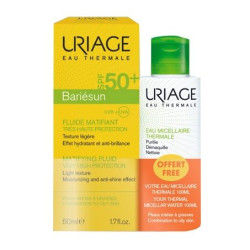 Uriage Barrierderm Mattifying Sunscreen Fluid for Oily Skin SPF 50+ 1.69 fl oz (50 ml) + Micellar Water for Oily and Combination Skin 3.38 fl oz (100 ml)