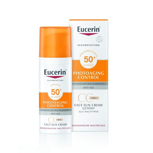 Eucerin Sun Cream Tinted Sun Protection CC cream for Sensitive Skin Slows Down Aging Light Shade SPF 50+ 1.69 fl oz (50 ml)