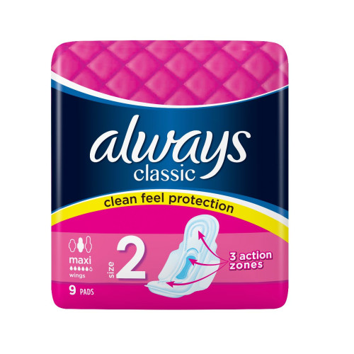 Always Classic Maxi Daily Sanitary Pads with Soft Cover for Day and Night 9 pcs