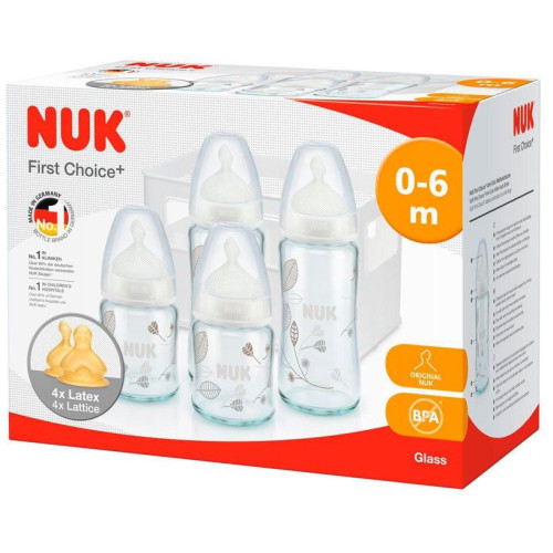 Nuk First Choice+ Set of Glass Bottles with High-Quality Rubber Teats + Basket for Your Babies