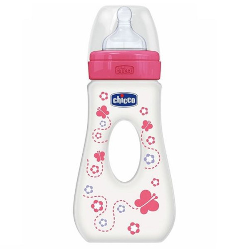 Chicco Travel Bottle with Silicone Teat Pink for Children 4+ Months 8.12 fl oz (240 ml)