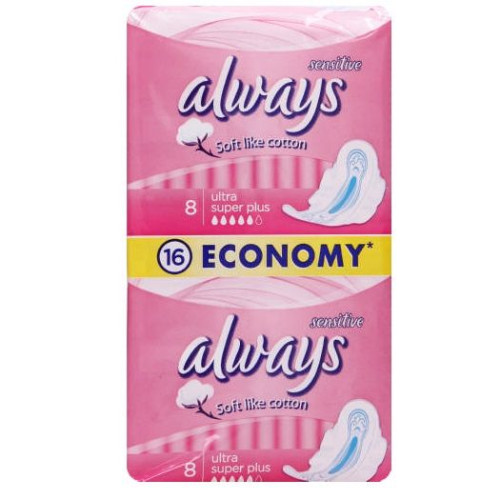 Always Sensitive Ultra Super Plus Cotton Sanitary Pads Thickness 0.12 in (3 mm) 2 x 8 pcs