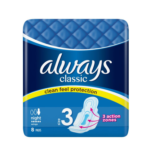 Always Classic Night Delicate Nighttime Sanitary Pads with Wings for High Protection 8 pcs