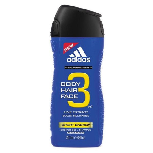 Adidas Sport Energy 3-in-1 Recharging Shower Gel for Men with Lemon Extract and Mineral Salts 8.45 fl oz (250 ml)