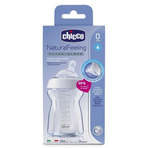 Chicco Natural Feeling Glass Feeding Bottle with Silicone Teat and One Drop for Children 0+ Months 8.45 fl oz (250 ml)