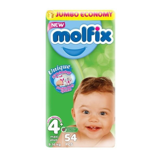 Molfix 4+ Maxi Plus 3D Technology Jumbo Economy Diapers for Babies and Children 19.8-35.3 lb (9-16 kg) 54 pcs